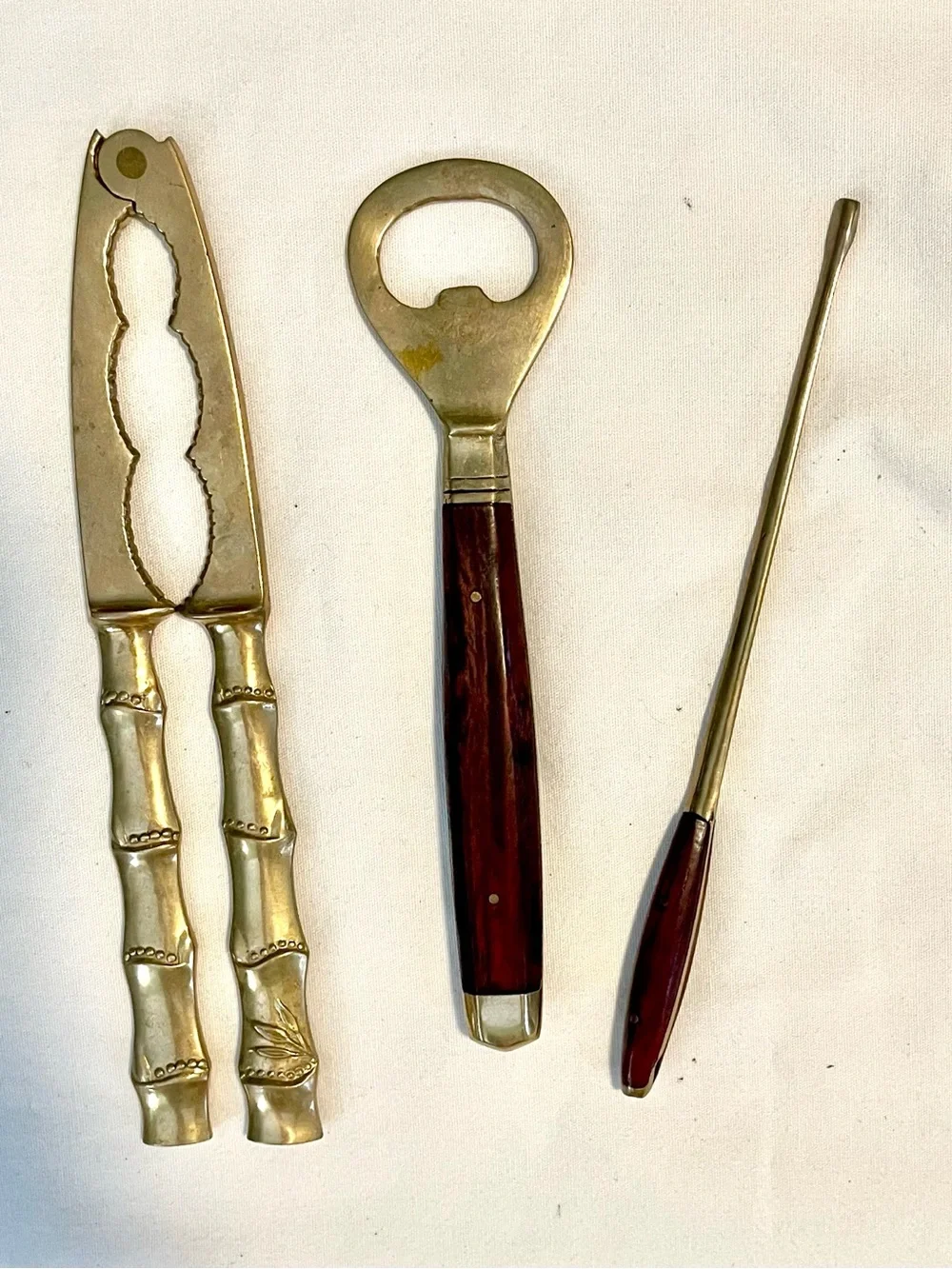 MCM~VNTG Japanese-3 Brass Bar Set Pieces ~ Opener/Cracker/Muddler -Brass & Teak
